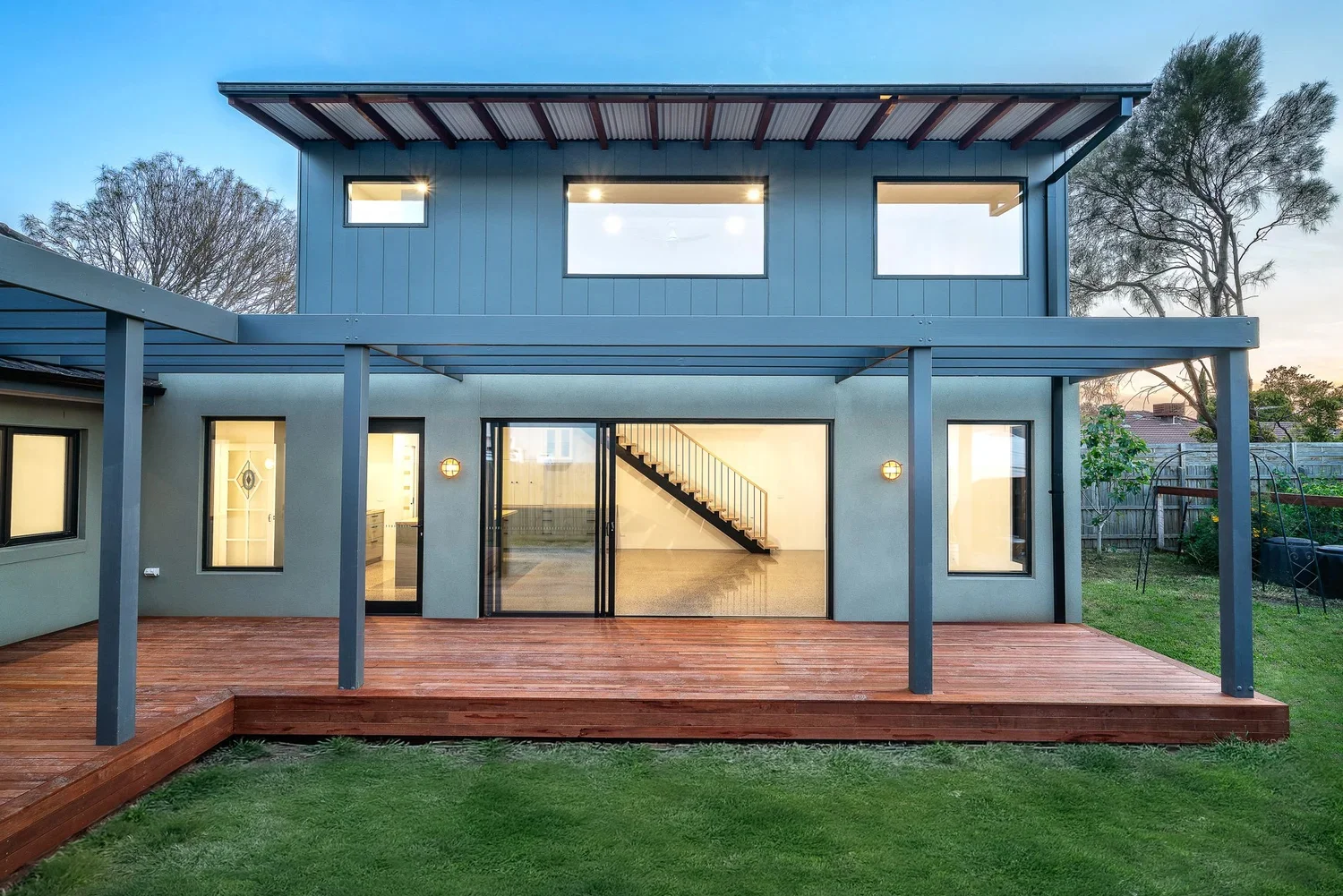 Charcoal two-storey extension, pergola and timber deck, Colin Street Bentleigh East
