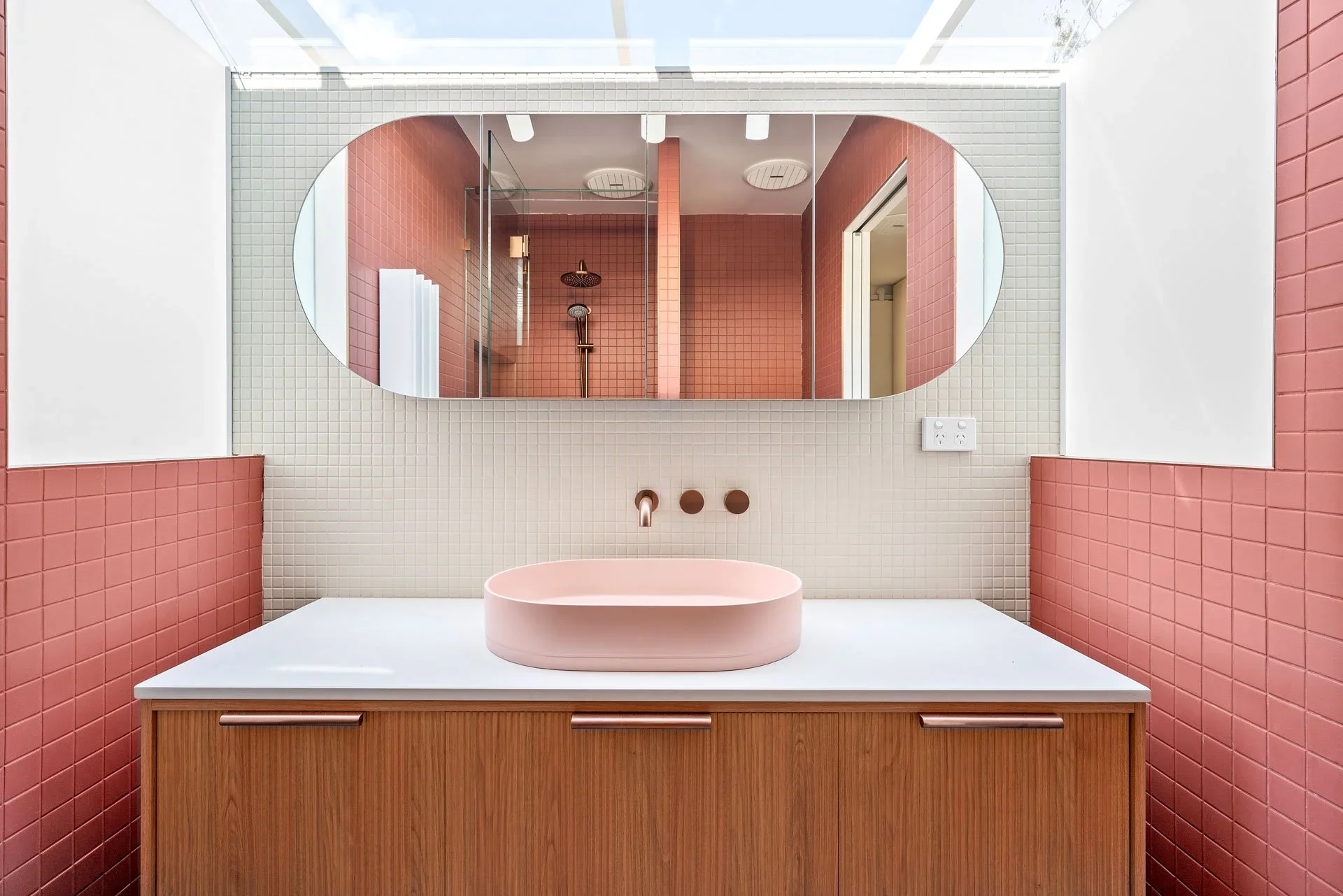 Ensuite with pink vessel basin, timber vanity and skylight, Hotham Street Beaumaris — Eco Building Design