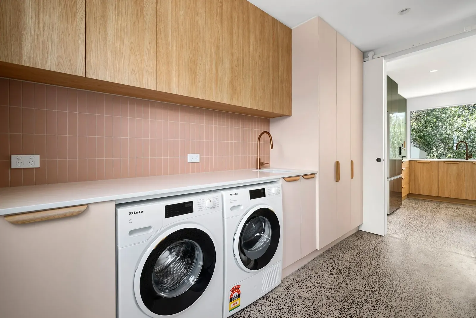Laundry with timber benchtop and storage, Hotham Street Beaumaris — Eco Building Design