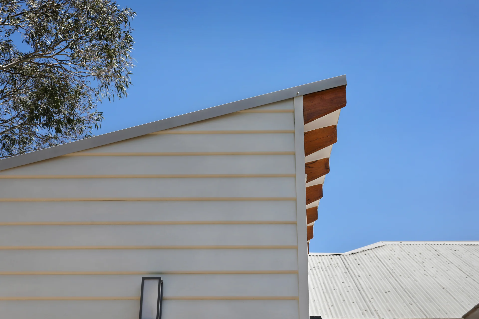 Timber gable junction detail under construction in Macleod